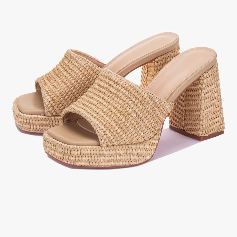 Elegant Tan Woven Block Summer Spring Heel Sandals - Picture 1 of 13